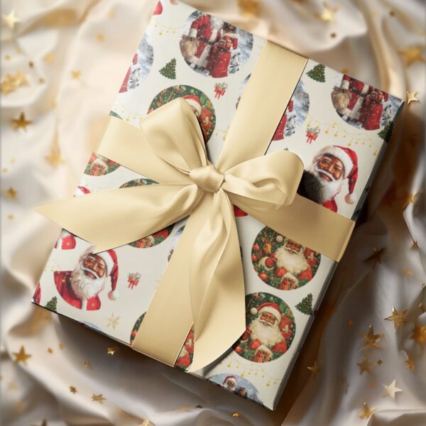 Santa & Mrs. Claus Christmas Ornaments Wrapping Paper! Featuring a heartwarming design of Black Santa and Mrs. Claus surrounded by festive holiday balls, this wrapping paper celebrates diversity while adding a sophisticated touch to your gifts. Ideal for creating meaningful and memorable holiday moments.