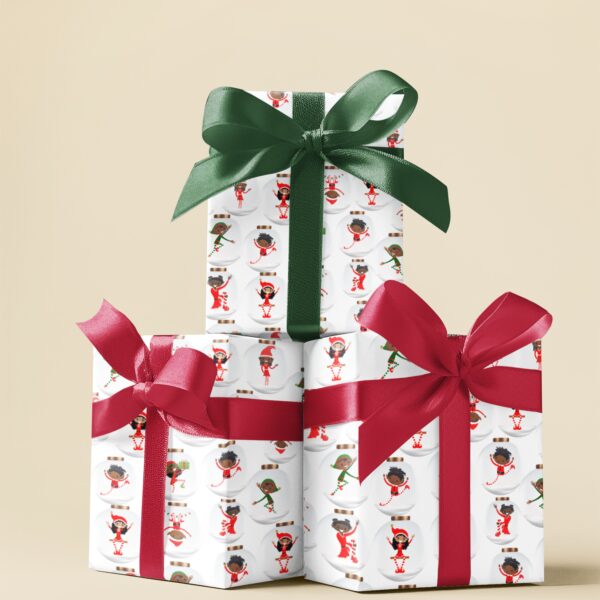 Santa's Little Helpers Christmas Gift Wrapping Paper! Featuring a delightful and inclusive Black Santa design alongside cheerful holiday helpers, this unique wrapping paper celebrates diversity while spreading holiday cheer.