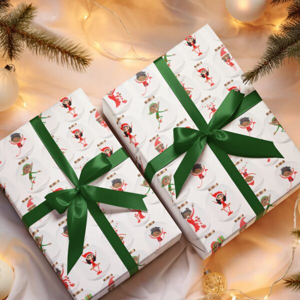 Santa's Little Helpers Christmas Gift Wrapping Paper! Featuring a delightful and inclusive Black Santa design alongside cheerful holiday helpers, this unique wrapping paper celebrates diversity while spreading holiday cheer.