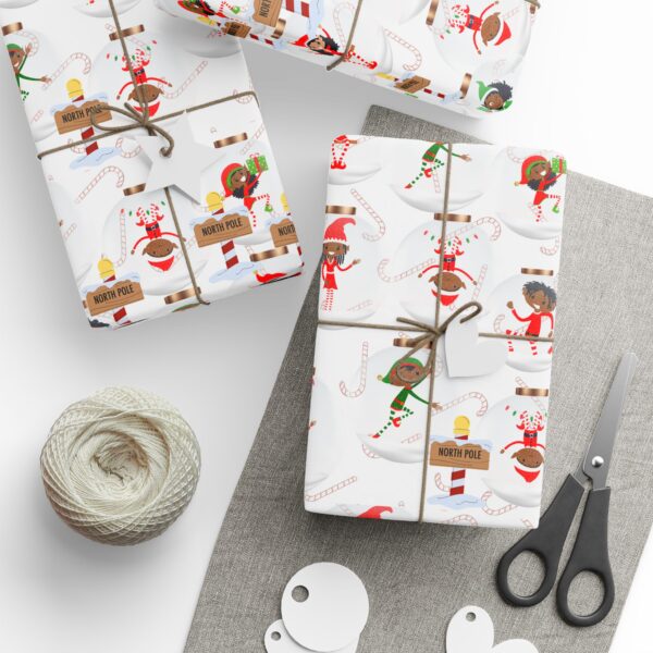 Santa's Little Helpers Christmas Gift Wrapping Paper! Featuring a delightful and inclusive Black Santa design alongside cheerful holiday helpers, this unique wrapping paper celebrates diversity while spreading holiday cheer. Perfect for elevating your gift-giving experience, this premium wrapping paper ensures every present feels extra special.