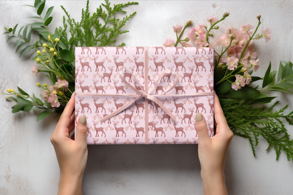 Pink reindeer wrapping paper, Christmas gift wrap, festive wrapping paper, cute holiday wrapping paper, premium gift wrap, eco-friendly Christmas paper, satin-finish gift wrap, pink Christmas wrapping paper, recyclable holiday gift wrap, whimsical Christmas paper, Christmas reindeer gift wrap, luxury holiday wrapping paper.